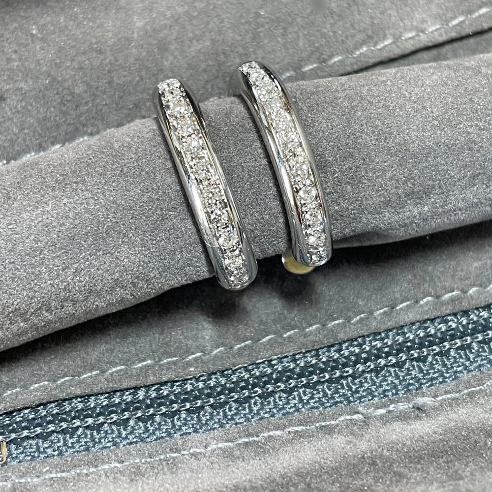 White 14k Gold Diamond Hoop Designer Signed Earrings